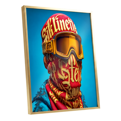 Neon Nomad, red, gold, blue abstract wall art shown as a gold framed poster wall art print
