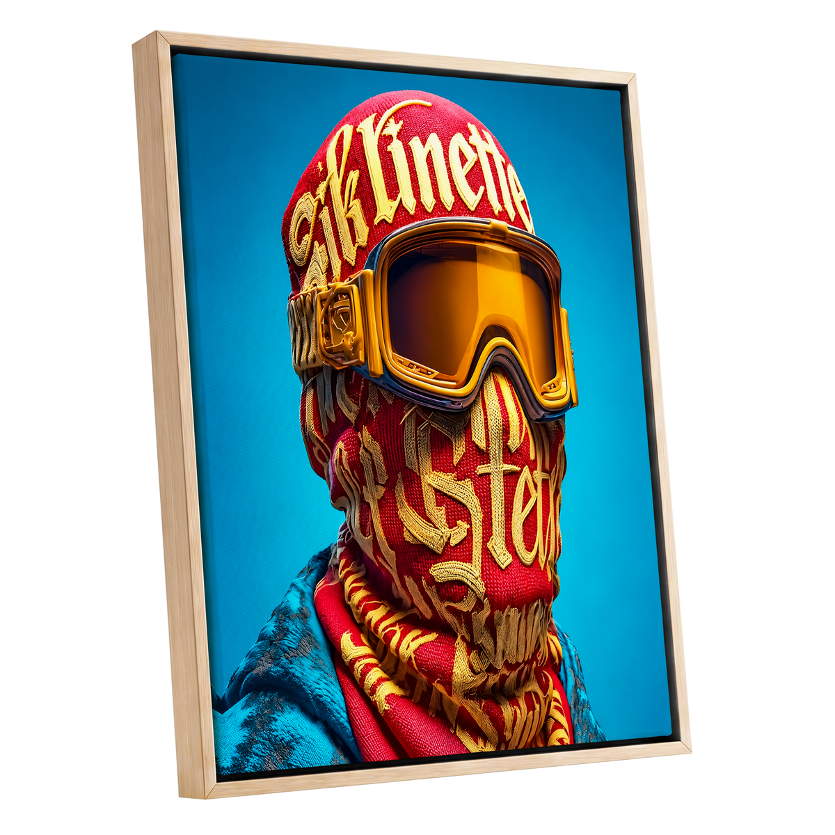 Neon Nomad, red, gold, blue abstract wall art shown as a oak framed canvas wall art