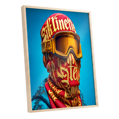 Neon Nomad, red, gold, blue abstract wall art shown as a oak framed poster wall art print