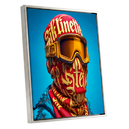 Neon Nomad, red, gold, blue abstract wall art shown as a silver framed canvas wall art