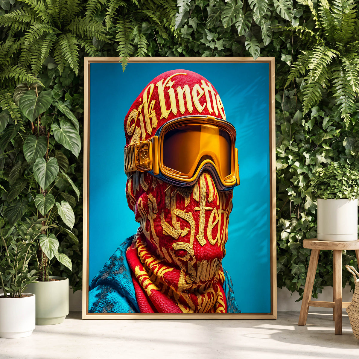 Neon Nomad, red, gold, blue abstract wall art displayed in a styled interior, gallery view 2