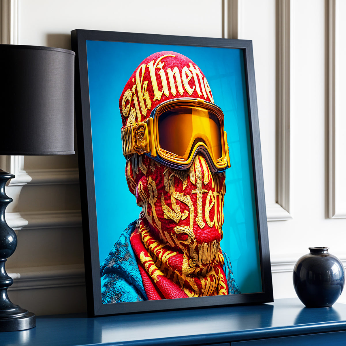 Neon Nomad, red, gold, blue abstract wall art displayed in a styled interior, gallery view 3