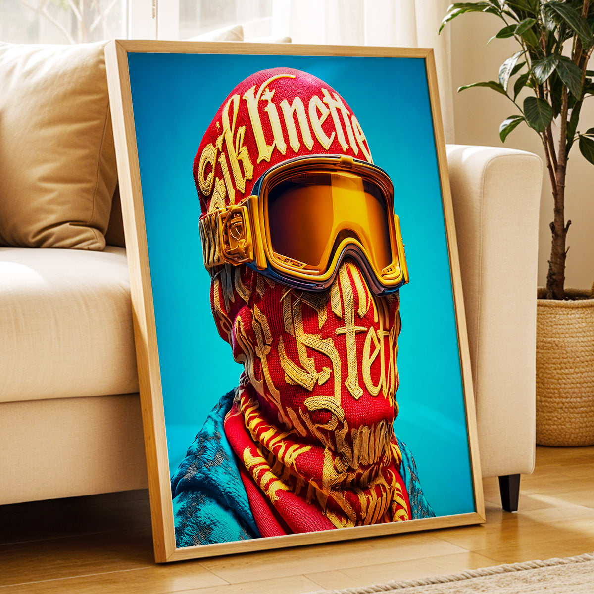 Neon Nomad, red, gold, blue abstract wall art displayed in a styled interior, gallery view 4