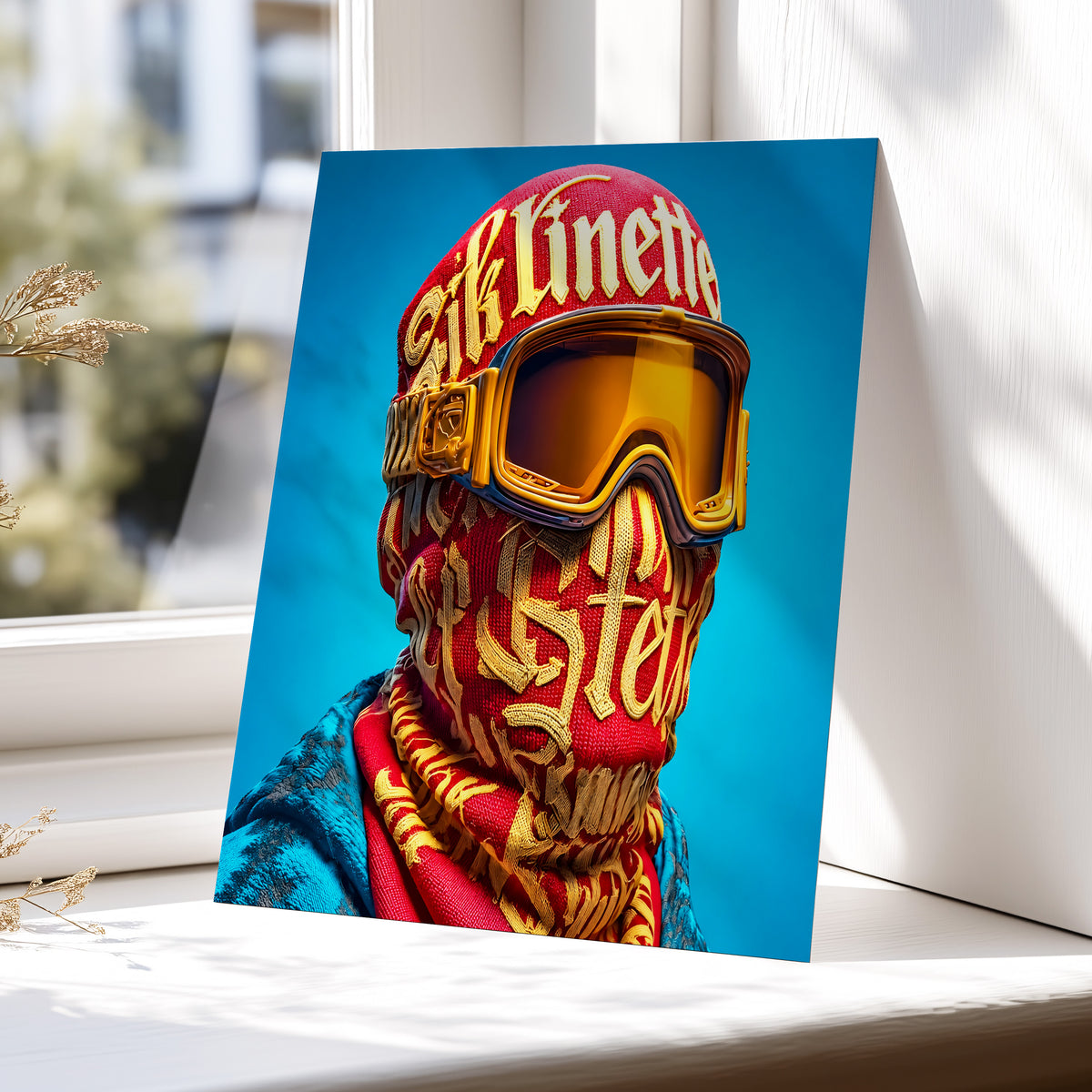 Neon Nomad, red, gold, blue abstract wall art displayed in a styled interior, gallery view 5