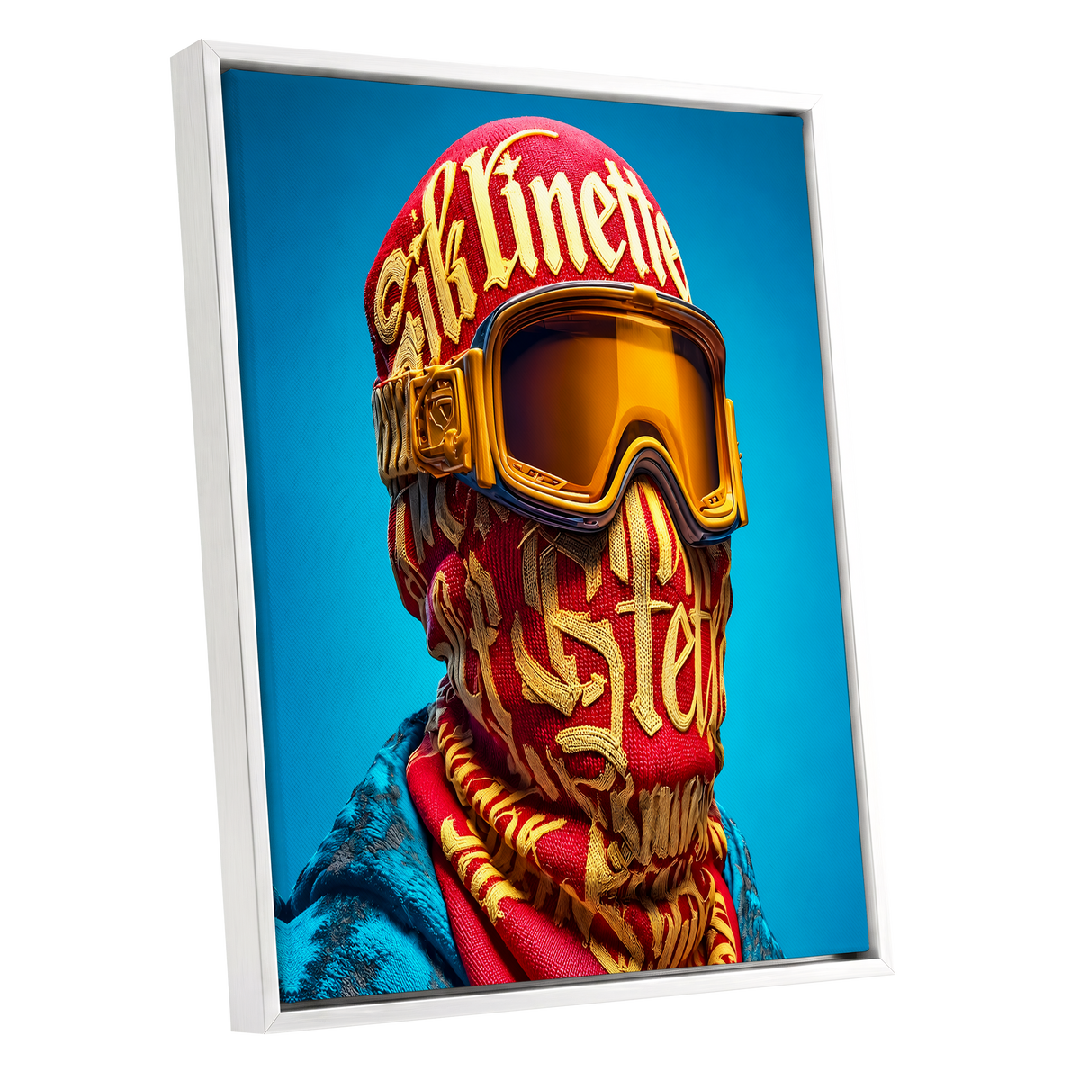 Neon Nomad, red, gold, blue abstract wall art shown as a white framed canvas wall art