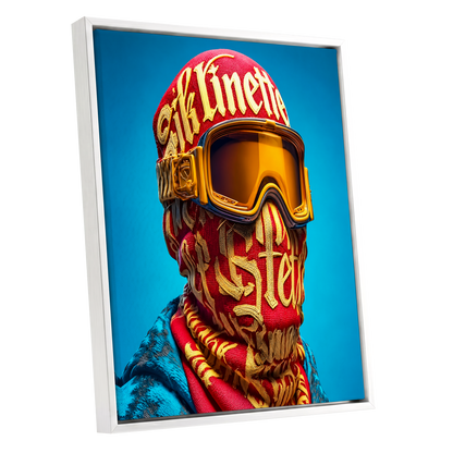 Neon Nomad, red, gold, blue abstract wall art shown as a white framed canvas wall art