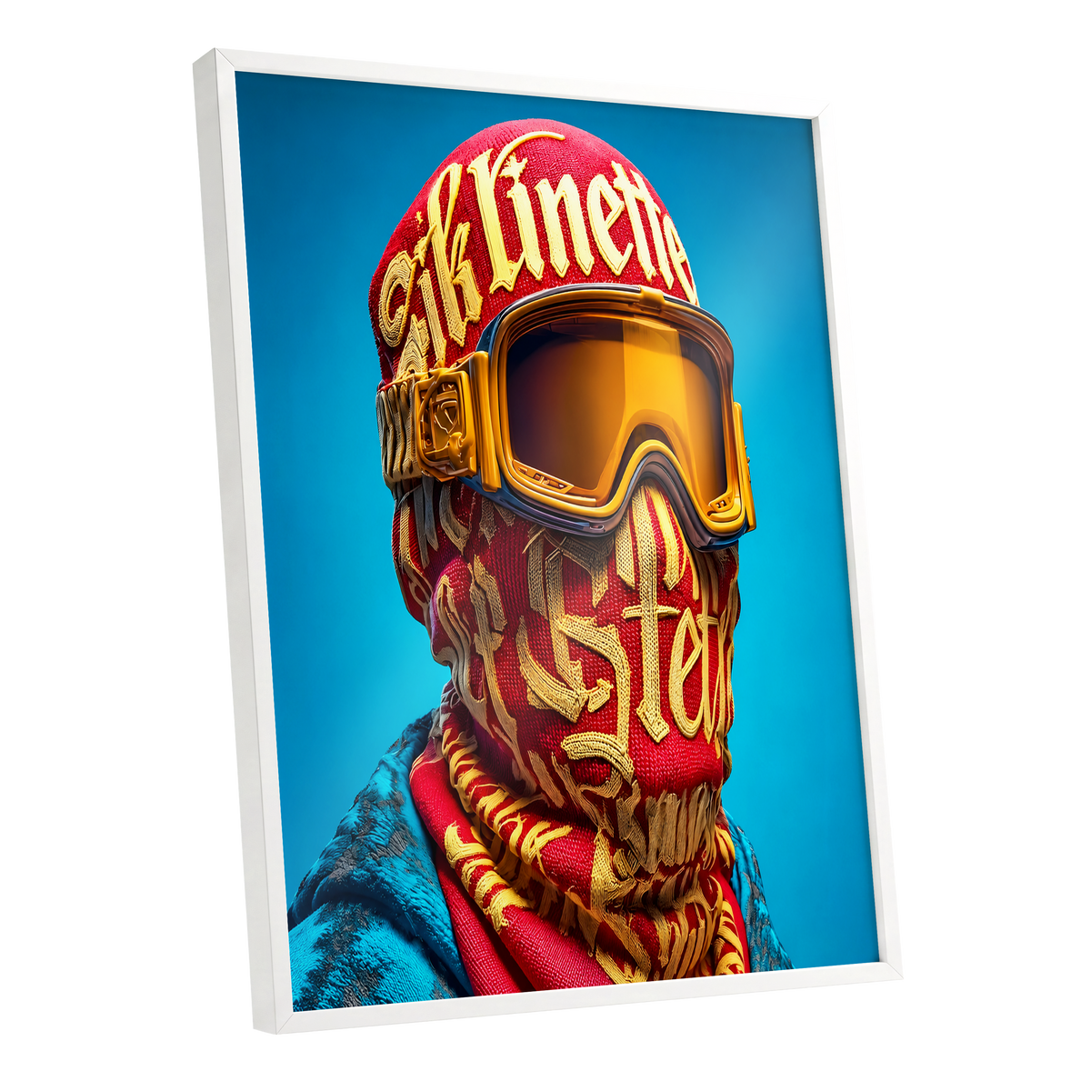 Neon Nomad, red, gold, blue abstract wall art shown as a white framed poster wall art print