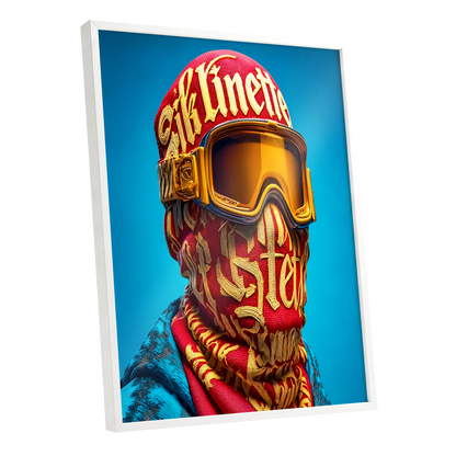 Neon Nomad, red, gold, blue abstract wall art shown as a white framed poster wall art print