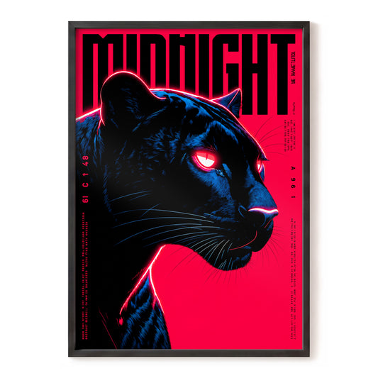 Neon Panther Midnight, black, pink, blue nature wall art, front artwork view