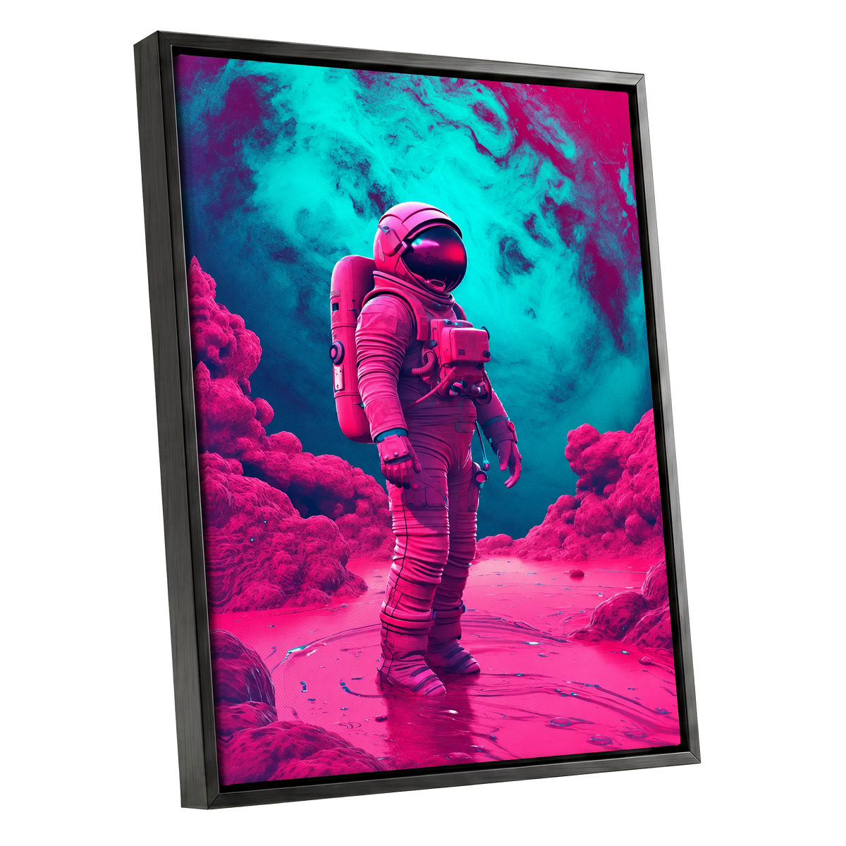 Neon Planetfall, pink, blue, purple abstract wall art shown as a black framed canvas wall art