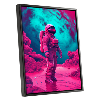 Neon Planetfall, pink, blue, purple abstract wall art shown as a black framed canvas wall art