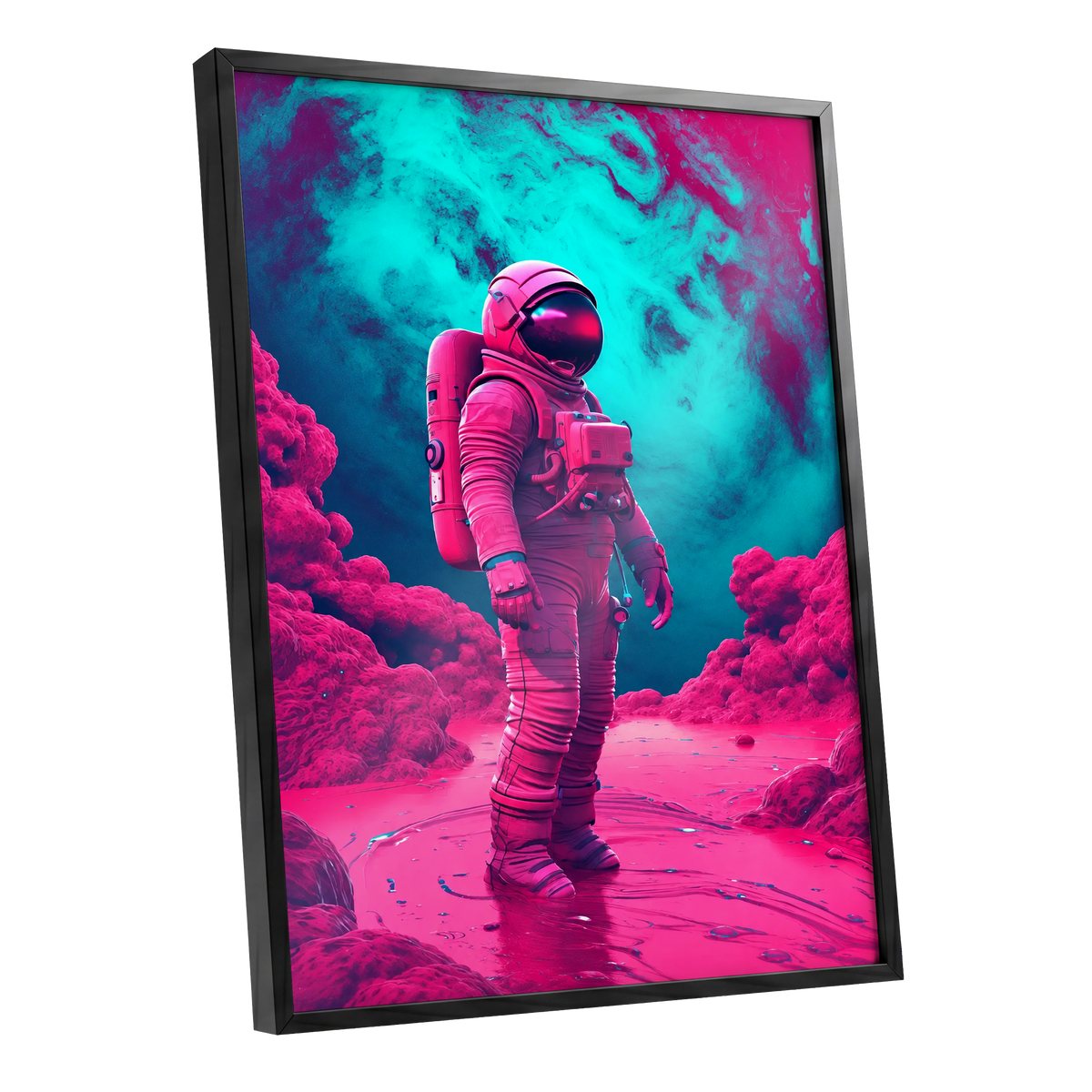 Neon Planetfall, pink, blue, purple abstract wall art shown as a black framed poster wall art print
