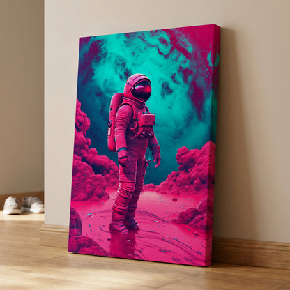 Neon Planetfall, pink, blue, purple abstract wall art on canvas displayed in a styled interior, gallery view 1