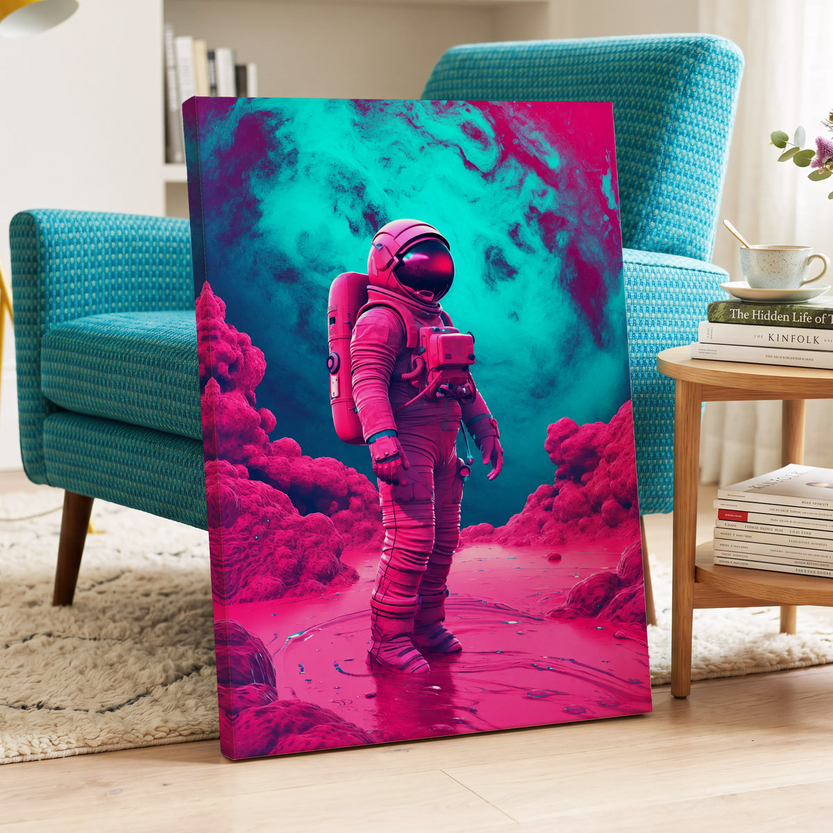 Neon Planetfall, pink, blue, purple abstract wall art on canvas displayed in a styled interior, gallery view 2