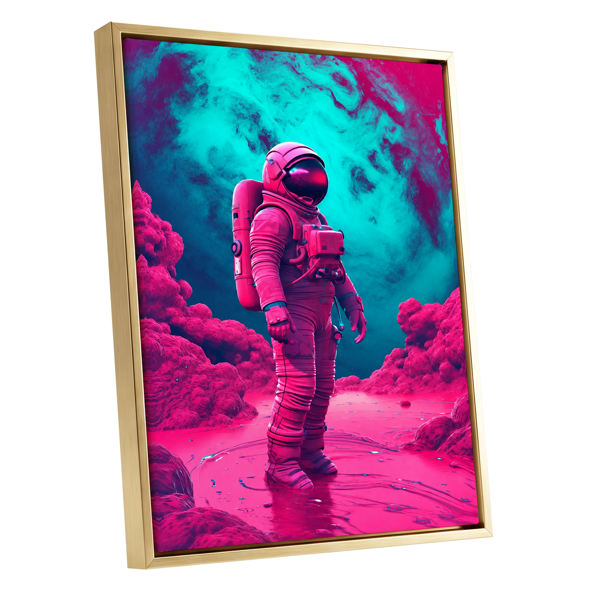 Neon Planetfall, pink, blue, purple abstract wall art shown as a gold framed canvas wall art