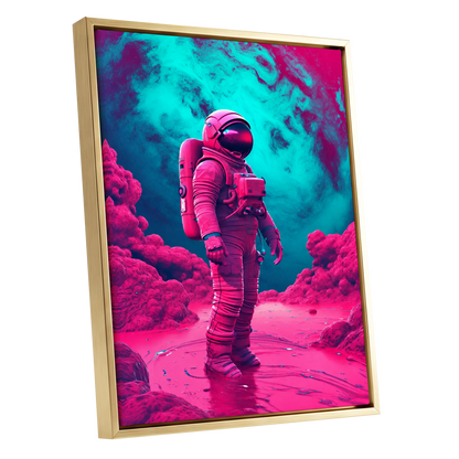 Neon Planetfall, pink, blue, purple abstract wall art shown as a gold framed canvas wall art