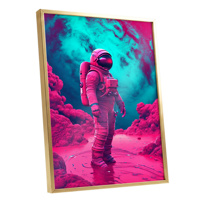 Neon Planetfall, pink, blue, purple abstract wall art shown as a gold framed poster wall art print