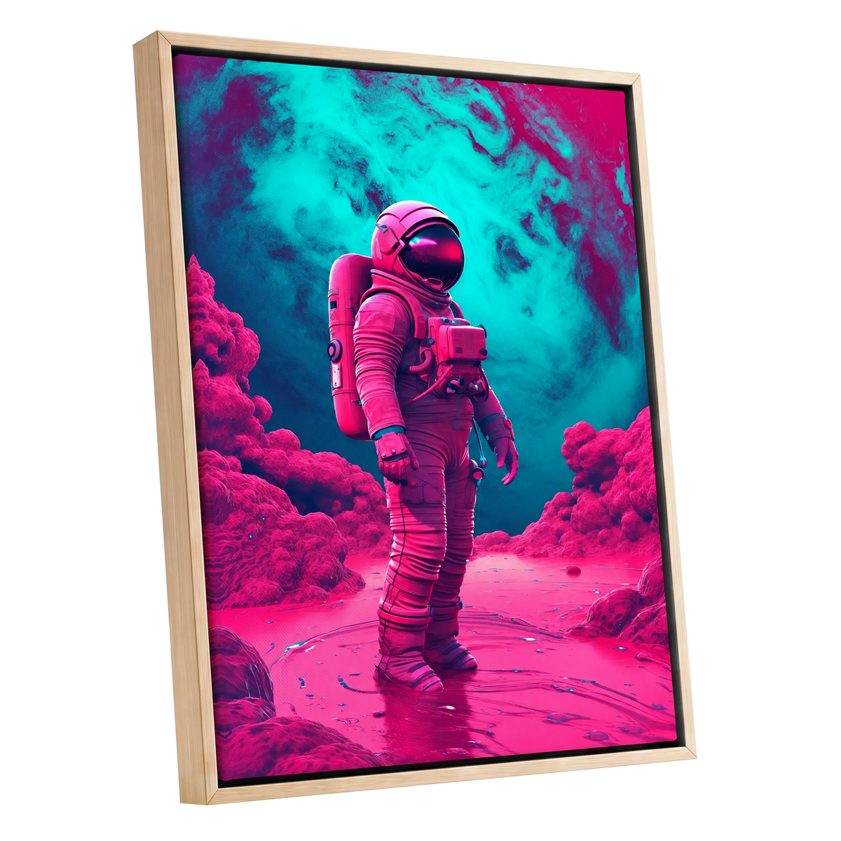 Neon Planetfall, pink, blue, purple abstract wall art shown as a oak framed canvas wall art