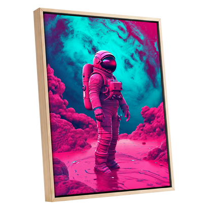 Neon Planetfall, pink, blue, purple abstract wall art shown as a oak framed canvas wall art