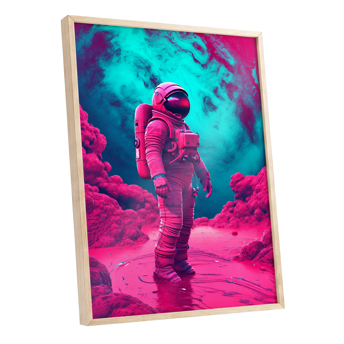 Neon Planetfall, pink, blue, purple abstract wall art shown as a oak framed poster wall art print