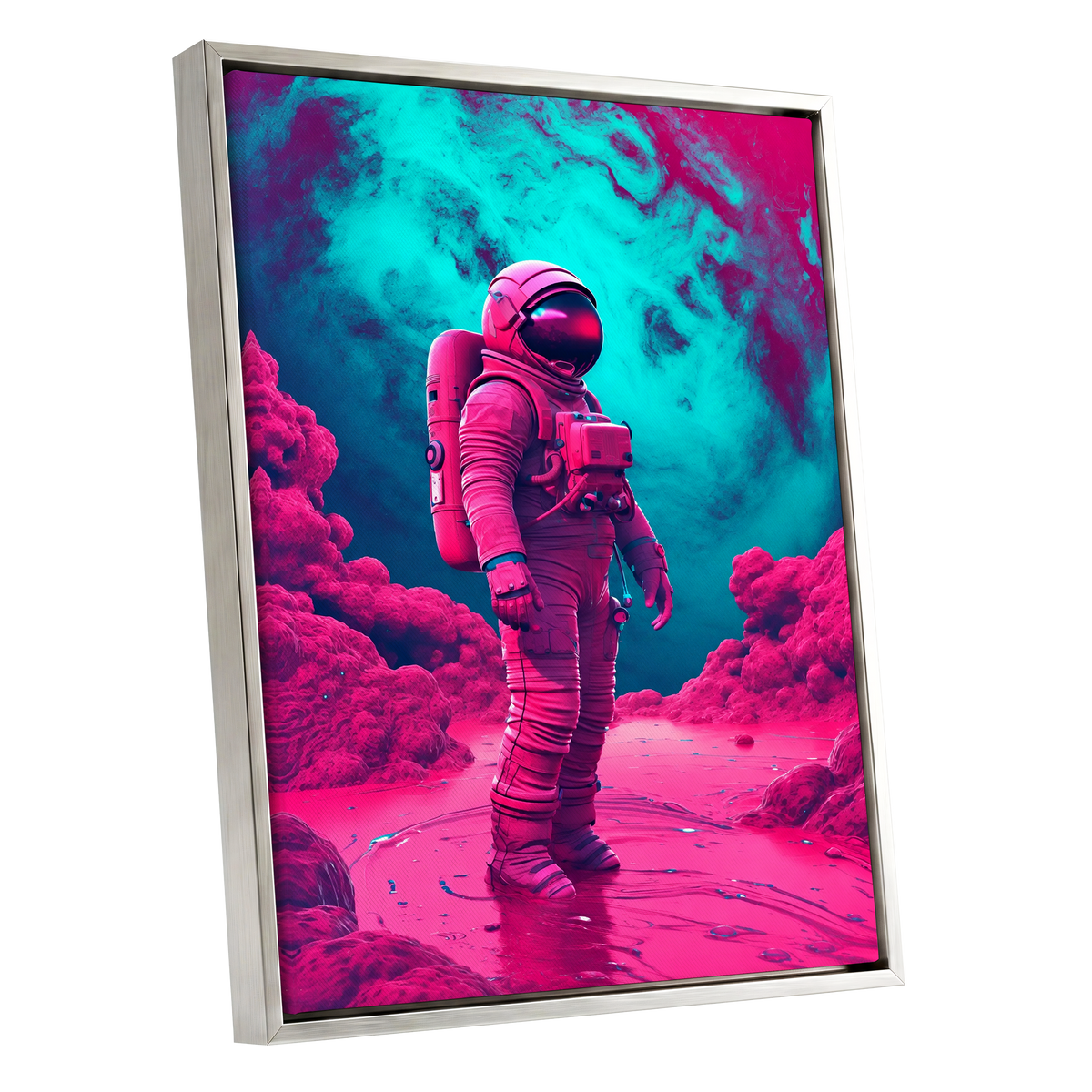 Neon Planetfall, pink, blue, purple abstract wall art shown as a silver framed canvas wall art