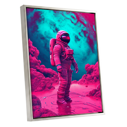 Neon Planetfall, pink, blue, purple abstract wall art shown as a silver framed canvas wall art