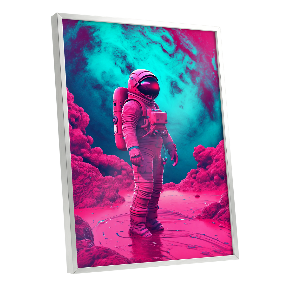 Neon Planetfall, pink, blue, purple abstract wall art shown as a silver framed poster wall art print