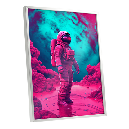 Neon Planetfall, pink, blue, purple abstract wall art shown as a silver framed poster wall art print