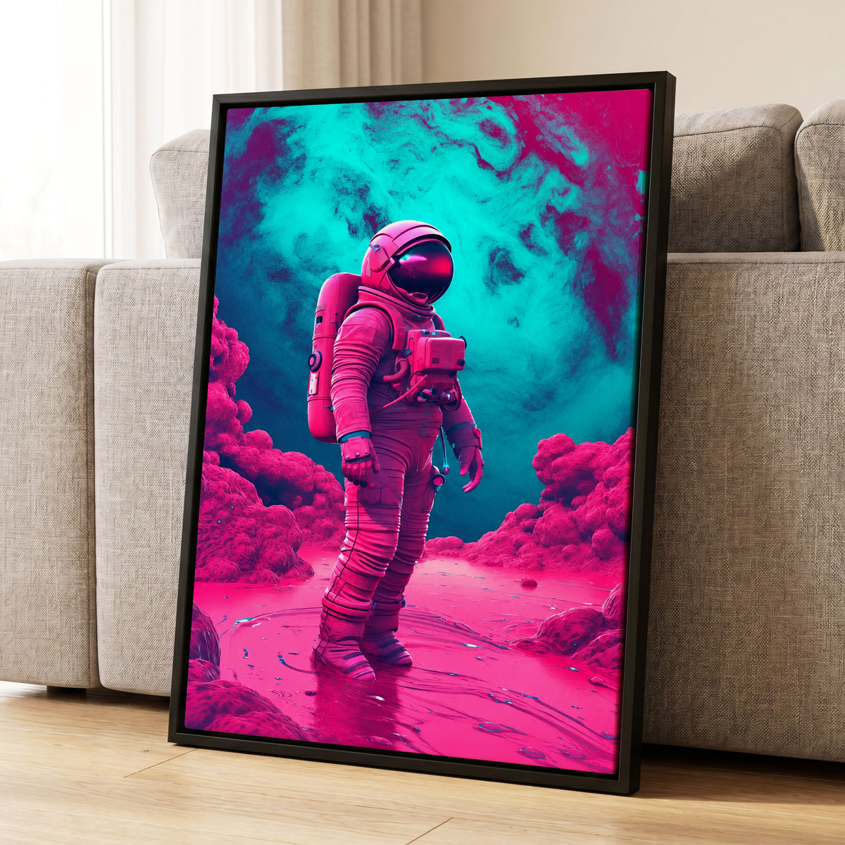 Neon Planetfall, pink, blue, purple abstract wall art displayed in a styled interior, gallery view 1