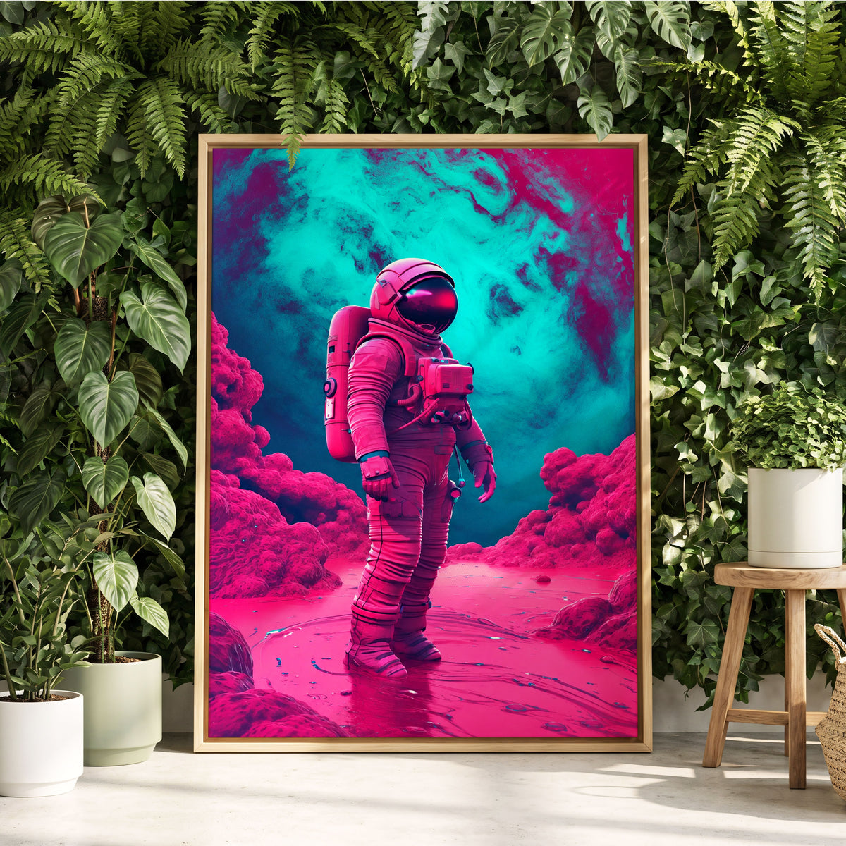 Neon Planetfall, pink, blue, purple abstract wall art displayed in a styled interior, gallery view 2