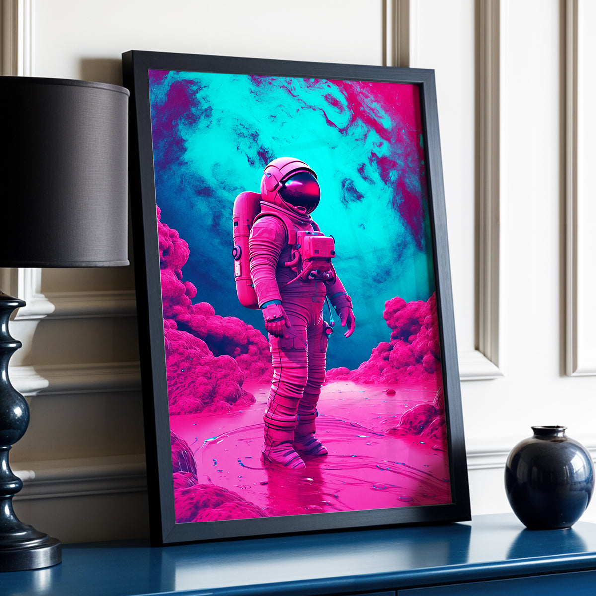 Neon Planetfall, pink, blue, purple abstract wall art displayed in a styled interior, gallery view 3