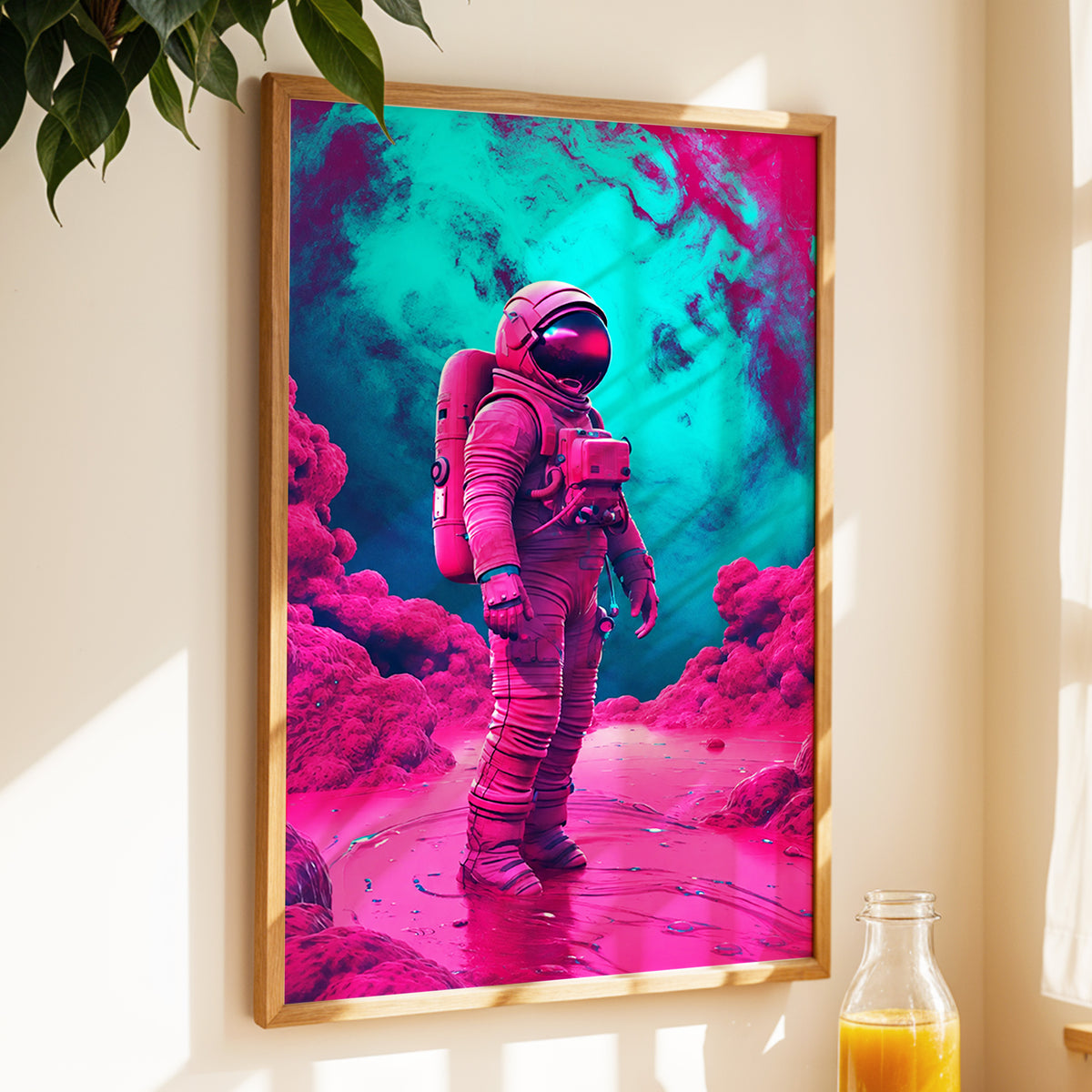 Neon Planetfall, pink, blue, purple abstract wall art displayed in a styled interior, gallery view 4