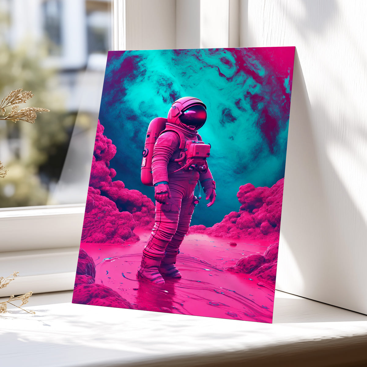 Neon Planetfall, pink, blue, purple abstract wall art displayed in a styled interior, gallery view 6