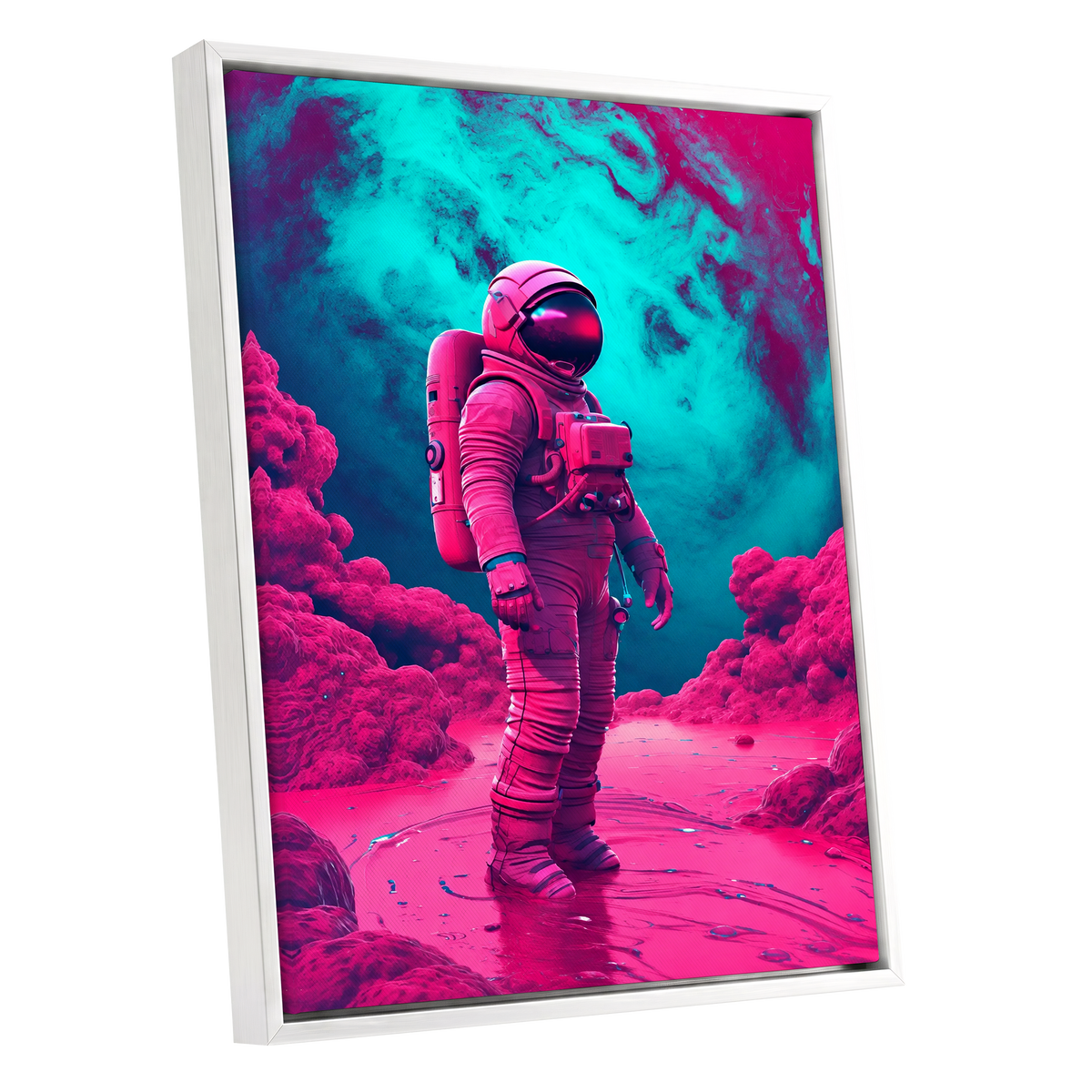 Neon Planetfall, pink, blue, purple abstract wall art shown as a white framed canvas wall art