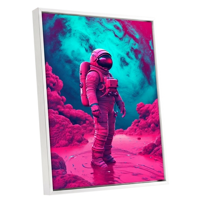Neon Planetfall, pink, blue, purple abstract wall art shown as a white framed canvas wall art