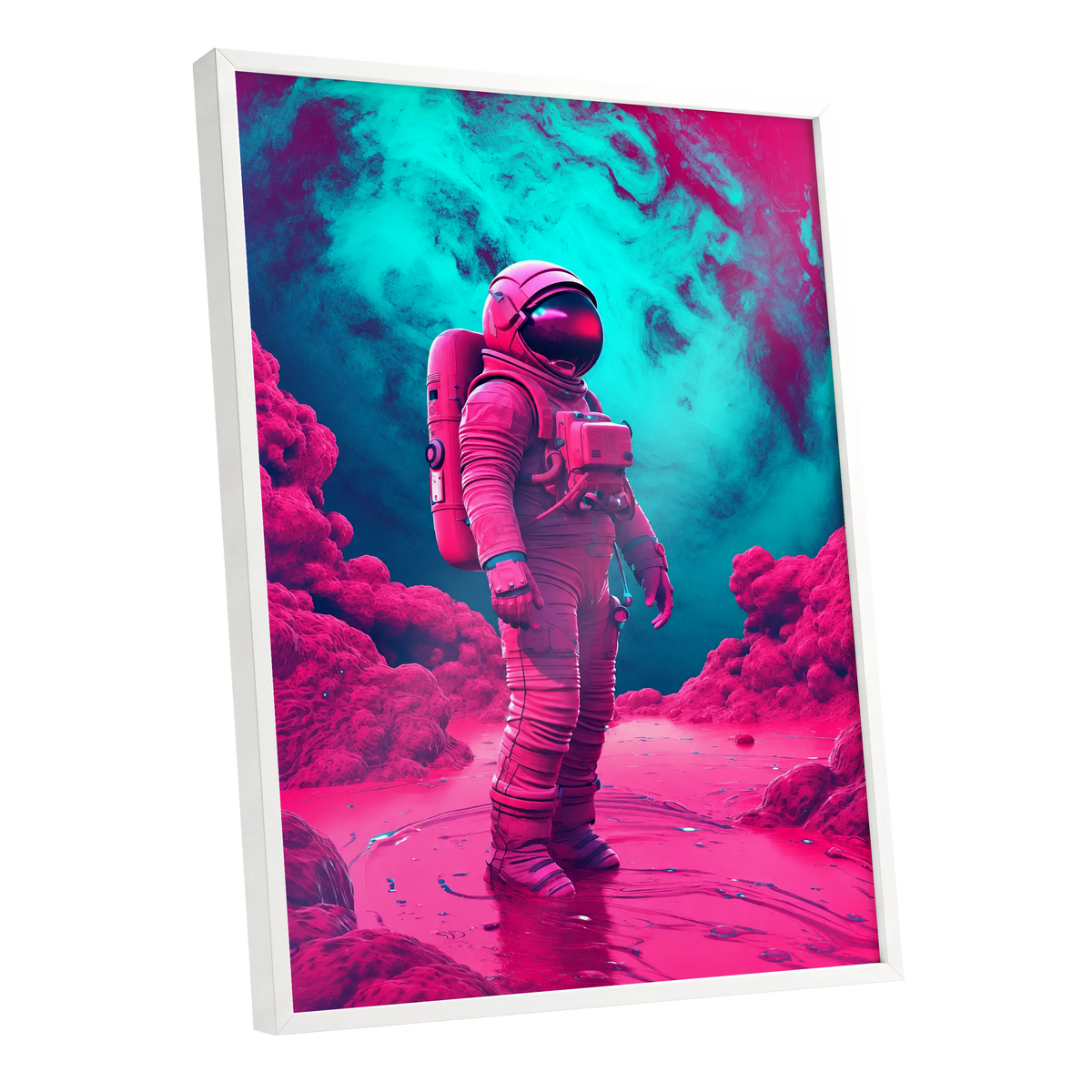 Neon Planetfall, pink, blue, purple abstract wall art shown as a white framed poster wall art print