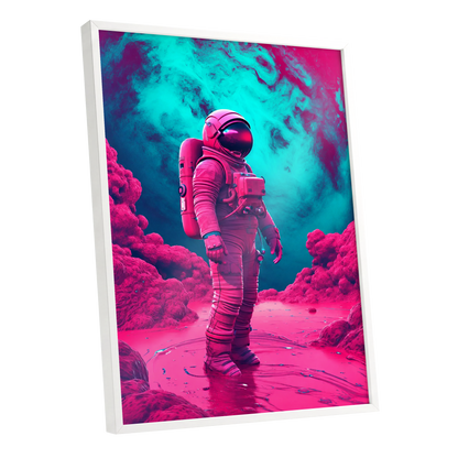 Neon Planetfall, pink, blue, purple abstract wall art shown as a white framed poster wall art print