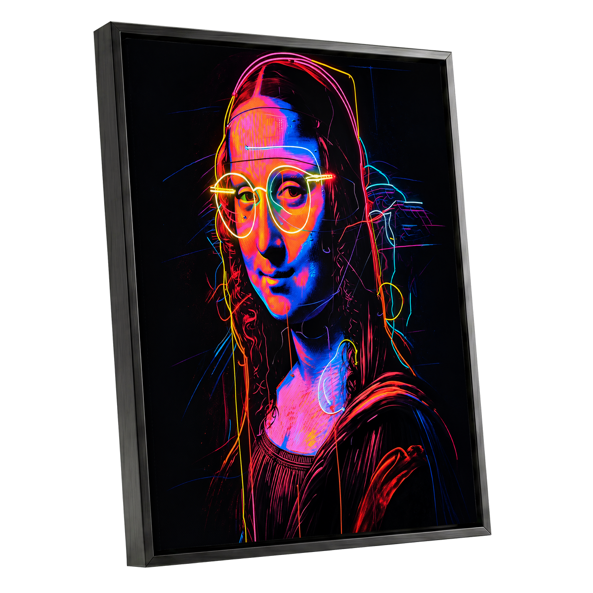 Neon Renaissance, black, pink, blue abstract wall art shown as a black framed canvas wall art