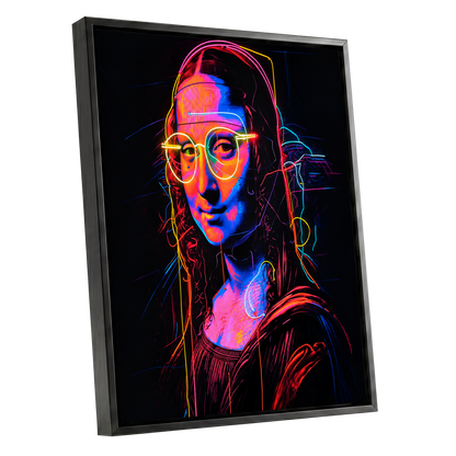 Neon Renaissance, black, pink, blue abstract wall art shown as a black framed canvas wall art