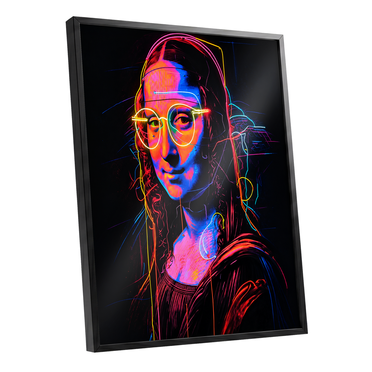 Neon Renaissance, black, pink, blue abstract wall art shown as a black framed poster wall art print
