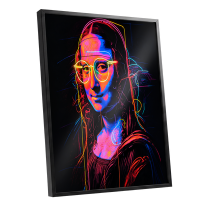 Neon Renaissance, black, pink, blue abstract wall art shown as a black framed poster wall art print