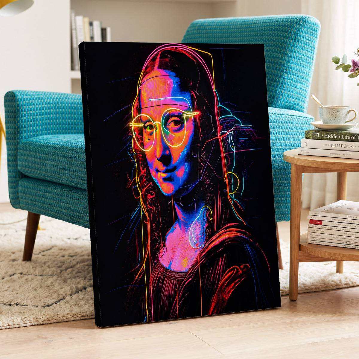 Neon Renaissance, black, pink, blue abstract wall art on canvas displayed in a styled interior, gallery view 2
