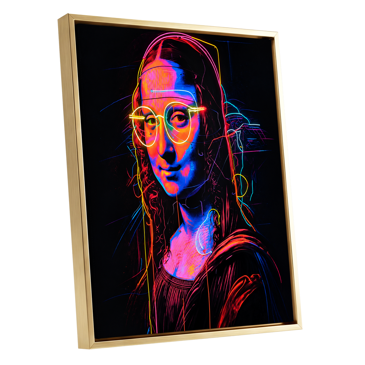 Neon Renaissance, black, pink, blue abstract wall art shown as a gold framed canvas wall art