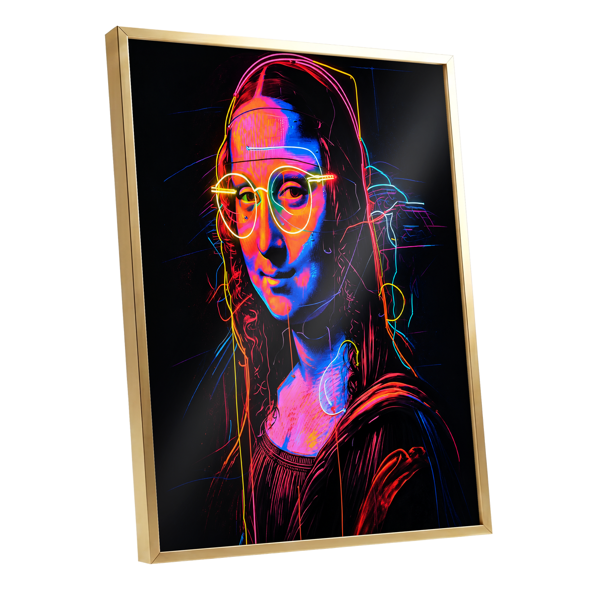 Neon Renaissance, black, pink, blue abstract wall art shown as a gold framed poster wall art print