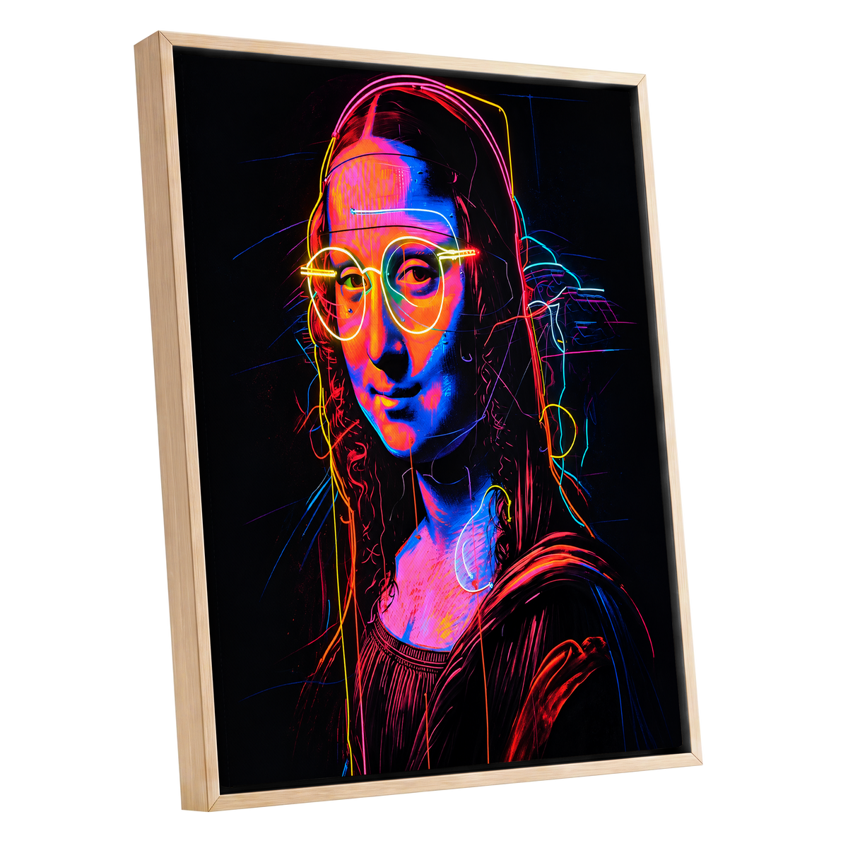 Neon Renaissance, black, pink, blue abstract wall art shown as a oak framed canvas wall art