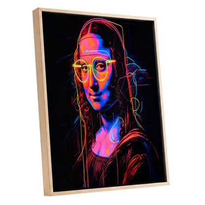 Neon Renaissance, black, pink, blue abstract wall art shown as a oak framed canvas wall art
