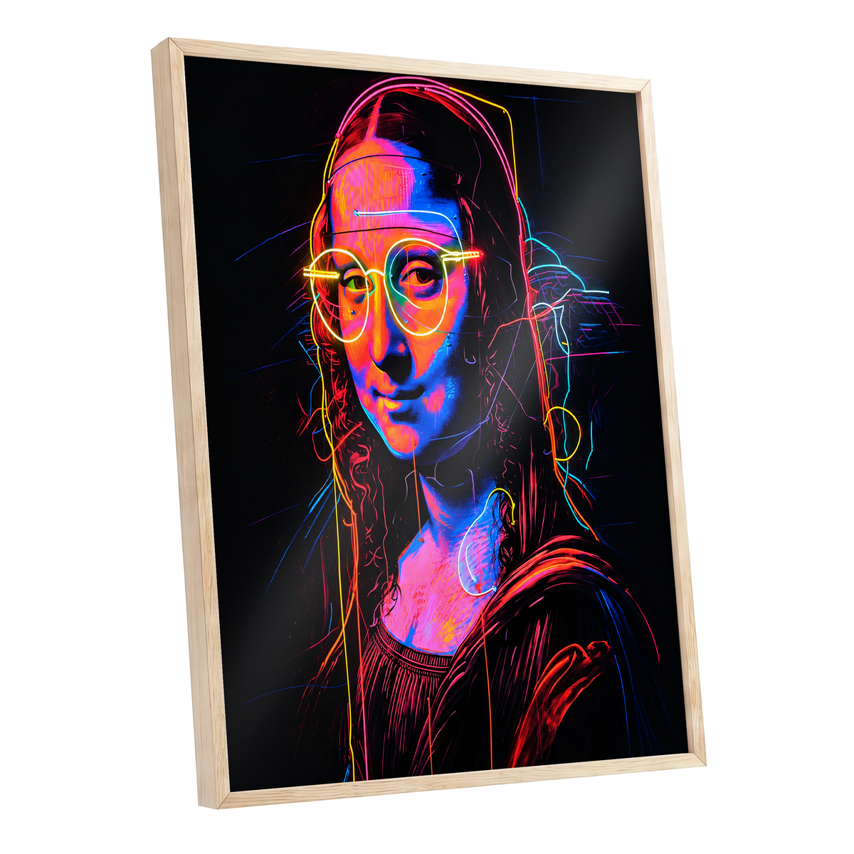 Neon Renaissance, black, pink, blue abstract wall art shown as a oak framed poster wall art print