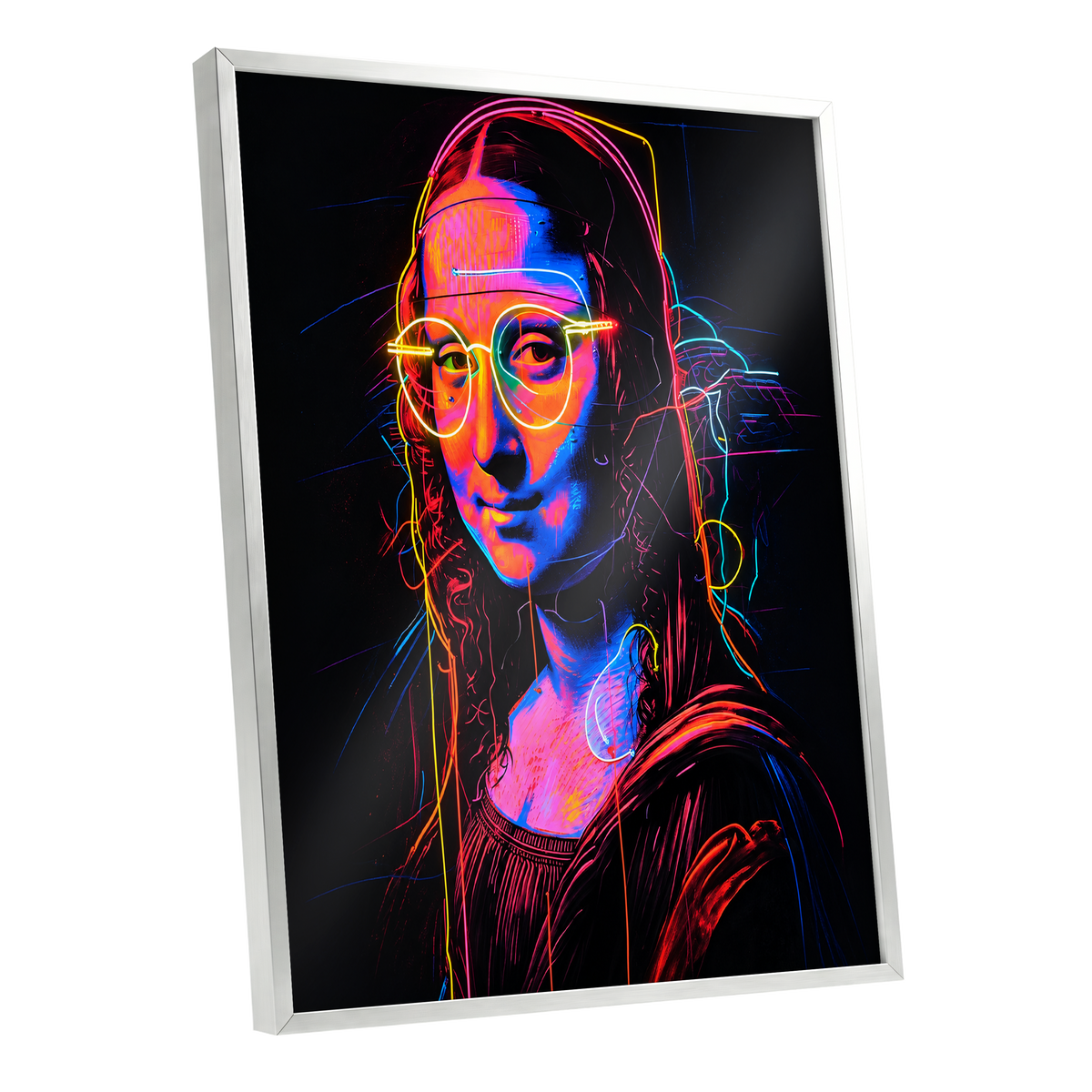 Neon Renaissance, black, pink, blue abstract wall art shown as a silver framed poster wall art print