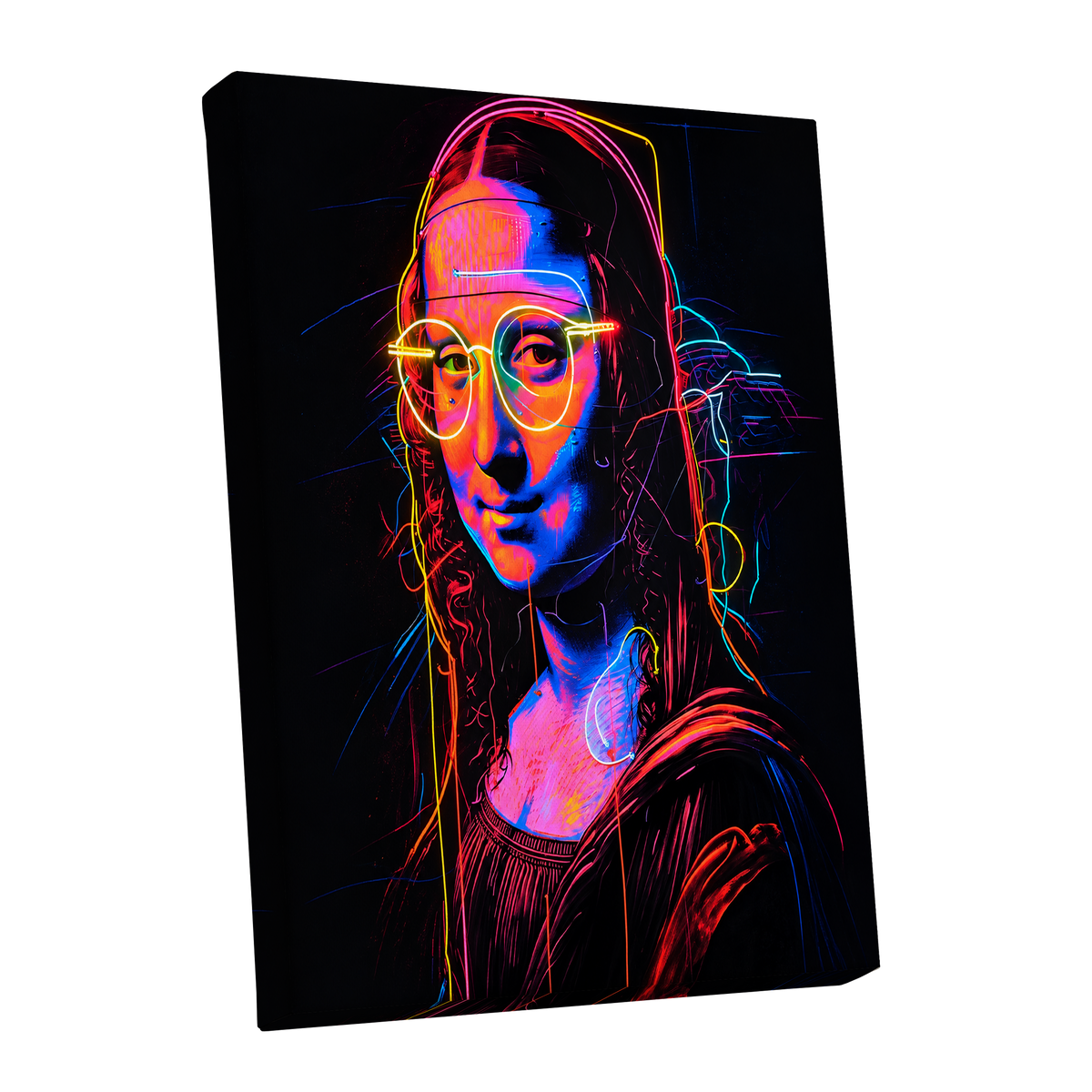 Neon Renaissance, black, pink, blue abstract wall art shown as a stretched canvas wall art