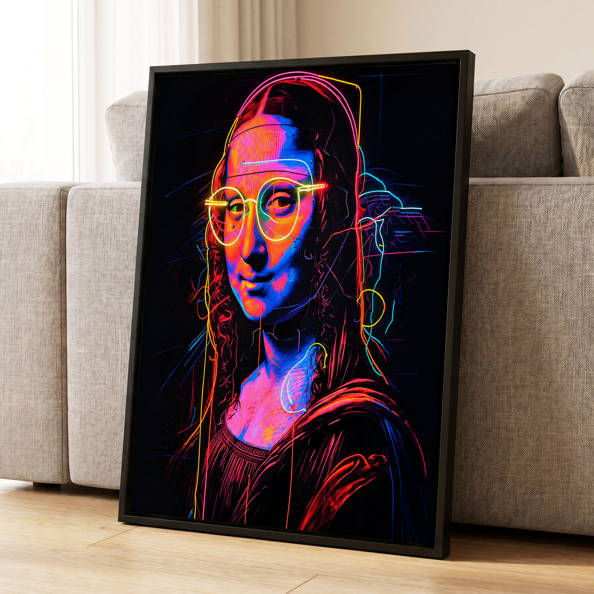 Neon Renaissance, black, pink, blue abstract wall art displayed in a styled interior, gallery view 1